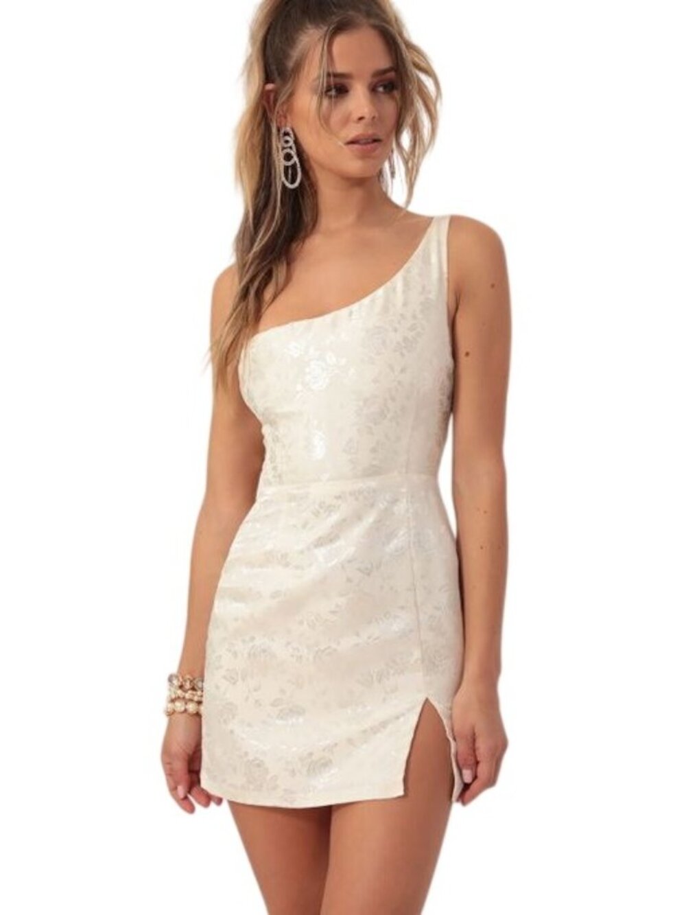 Lucy In The Sky Liana Satin Jacquard Dress Medium One Shoulder Ivory Cocktail